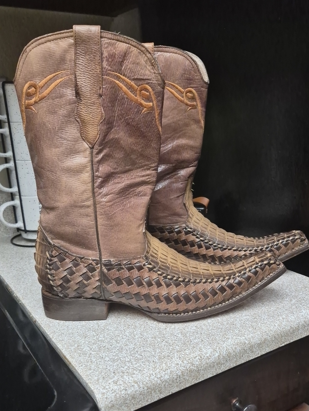 Men's Brown Woven Leather Western Boots